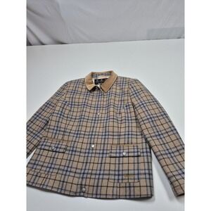 Barbour Jacket Womens 12 Beige Wool Tweed Plaid Horse Print Lined Zip Equestrian